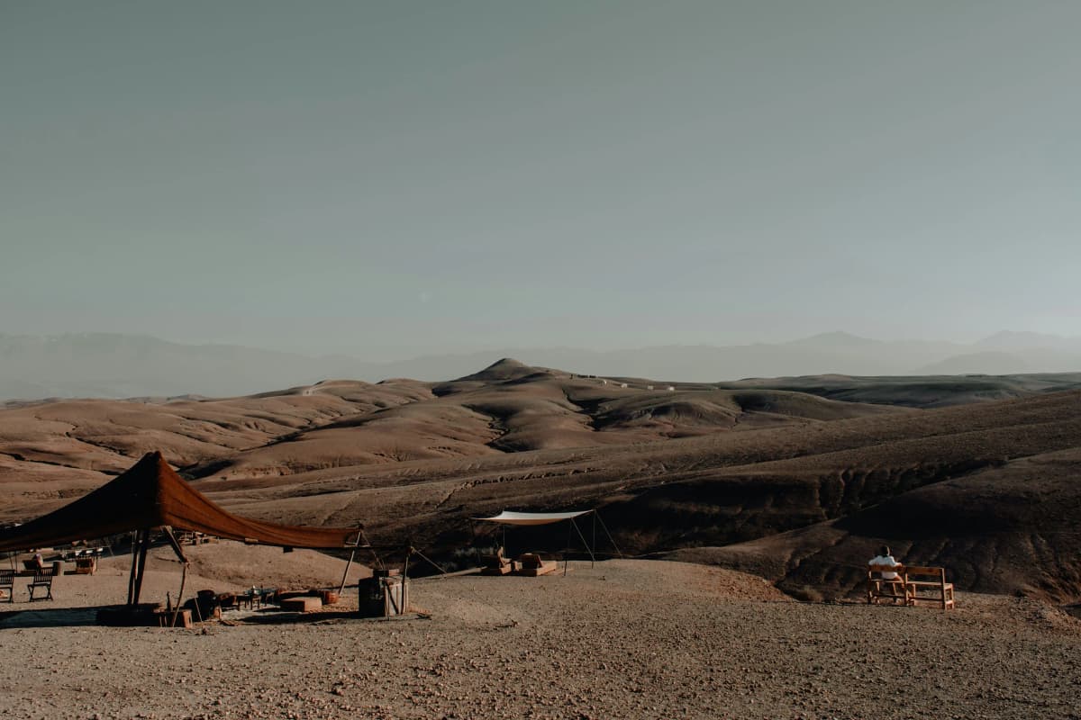Agafay Desert landscape near Marrakech with Atlas Mountains views