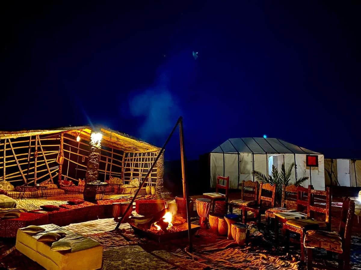 luxury desert camp at night