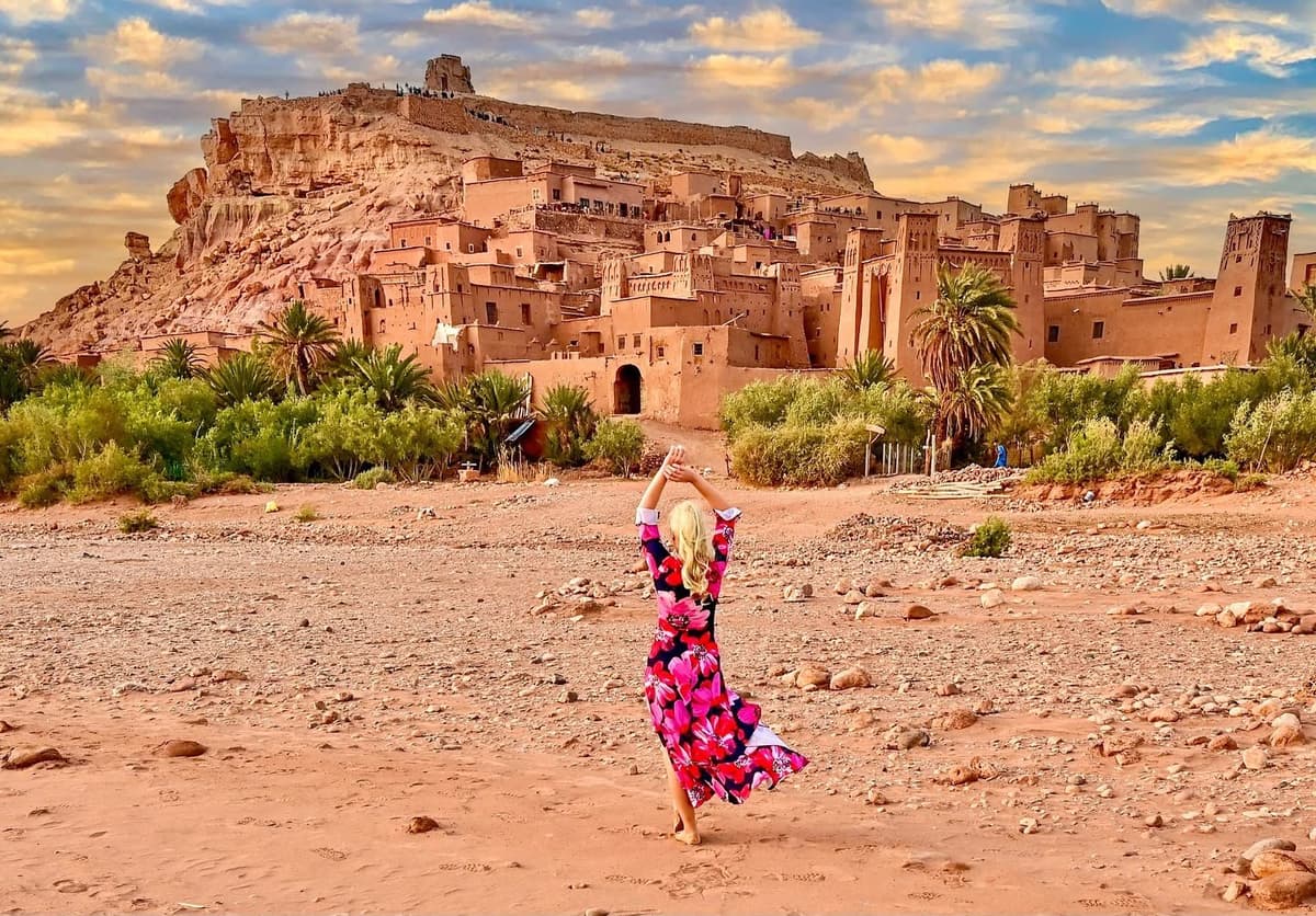 Aït Benhaddou fortified village with red clay buildings along the Ounila River in Morocco