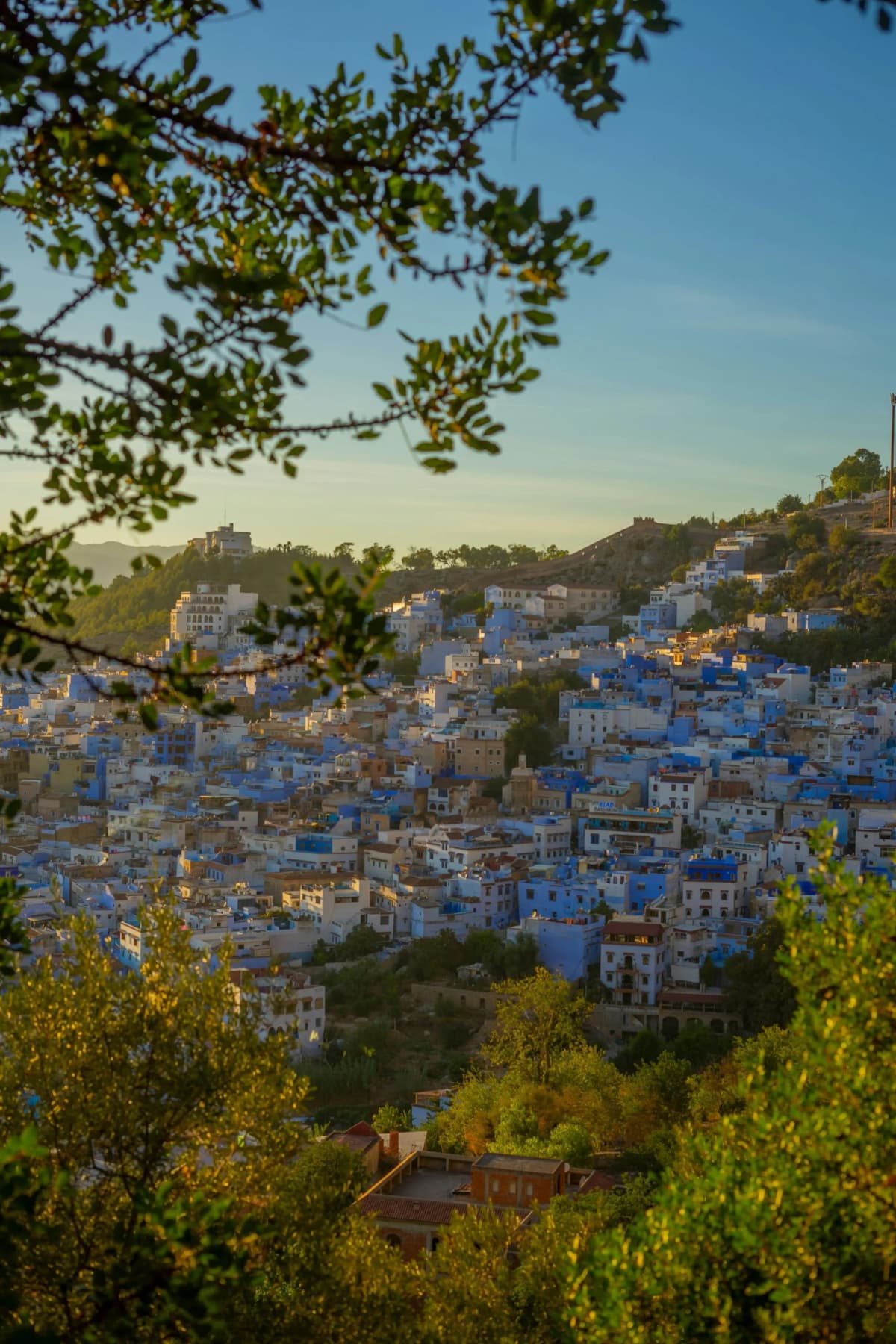 Panoramic view of Chefchaouen blue city nestled in the Rif Mountains, Morocco